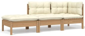 vidaXL 3 pcs conjunto lounge jardim c/ almofadões creme pinho maciço
