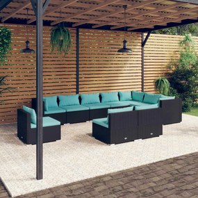 vidaXL 10 pcs conjunto lounge de jardim c/ almofadões vime PE preto