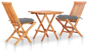 vidaXL Conjunto bistrô c/ almofadões cinzentos 3 pcs teca maciça