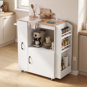 Carrinho de Cozinha com Rodas Estação de Carregamento Armário Organizador Extraível Porta-Especiarias e Barra para Panos 80x40x88 cm Branco