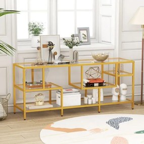 Móvel para TV até 65'' Retangular 147 x 40 x 62 cm ou Mesa apoio com Estantes de Vidro Temperado Centro de Entretenimento para Sala de Estar Dourada