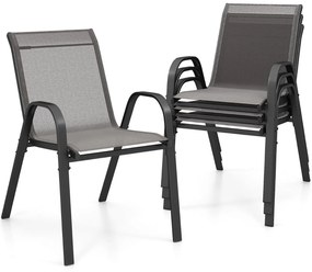 Conjunto de 4 cadeiras de jardim empilháveis (MESA NÃO INCLUIDA) com apoios de braços, encostos em metal e tecido, 56 x 70 x 84 cm Cinzento