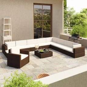 vidaXL 12 pcs conjunto lounge jardim c/ almofadões vime PE castanho