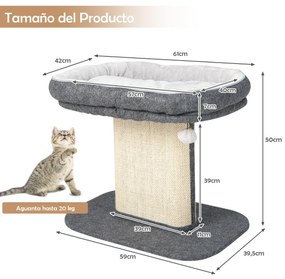 Arranhador gatos Pequena com torre de actividades com suporte para peluches e poste de arranhar em sisal 59 x 39,5 x 50 cm Cinzento