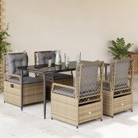 5 pcs conjunto de jantar p/ jardim com almofadões vime PE bege