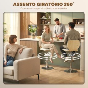 Conjunto de 2 Bancos de Bar Giratórios com Altura Ajustável Estofados em Tecido Tipo Linho com Base em Aço 41x47,5x81-102 cm  Bege