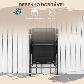 Conjunto de Jardim Refeição 7 Peças com 6 Cadeiras Dobráveis e Reclináveis Mesa com Bancada de Vidro Temperado Preto