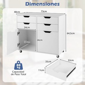 Armário de arrumação multifuncional 73 x 40 x 64,5 cm com 4 gavetas e 2 portas com 5 rodas sala, quarto, escritório Branco