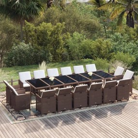 vidaXL 17 pcs conjunto jantar p/ jardim c/ almofadões vime PE castanho