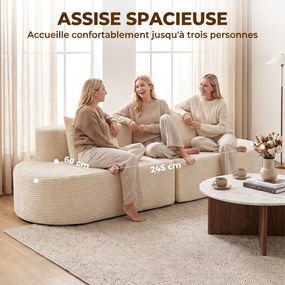 Sofá Curvo de 3 Lugares, 245 x 86 x 82 cm, Design Modular, Creme