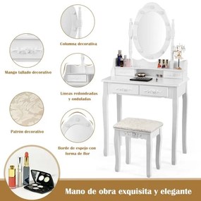 Conjunto de Toucador com Espelho Oval e 10 Lâmpadas LED Pernas em Madeira de Pinho e Almofadas Antiderrapantes Branco 75 x 40 x 146 cm Branco