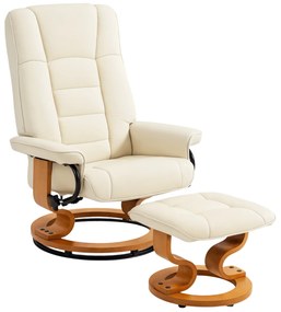 HOMCOM Poltrona de relaxamento reclinável com apoio para os pés, giratória, estrutura em madeira, revestimento sintético creme | Aosom Portugal