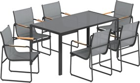 Outsunny Conjunto de Mesa e Cadeiras de Jardim de 7 Peças com Mesa de Vidro Temperado 6 Cadeiras e Estrutura em Aço Cinza | Aosom Portugal