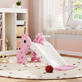 Escorrega infantil 3 em 1 em forma de girafa com cesto de basquetebol, trepa-trepa e bola, 106 x 51,5 x 52 cm, rosa
