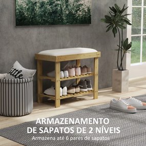 Banco Sapateira de Bambu Sapateira com Assento Almofadado 2 Prateleiras para 6 Pares de Sapatos 60x29x49 cm Madeira e Creme