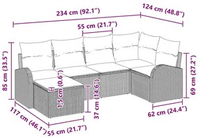 Conjunto de Sofá de Jardim 6 Peças com Almofadas Castanho Vime PE