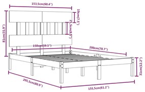 Estrutura de cama king 150x200 cm madeira maciça cinzento