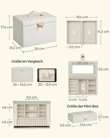 Caixa para joias de 3 níveis 18,2 x 26 x 17,4 cm com revestimento em PU em branco
