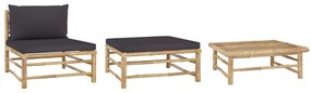 3 pcs conj. lounge jardim em bambu c/ almofadões cinza-escuro