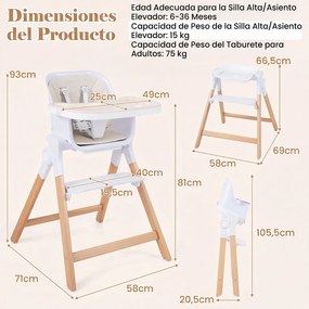 Cadeira de Alimentação Convertível 4 em 1, 71 x 58 x 93 cm, Bandeja Dupla Ajustável, Bege