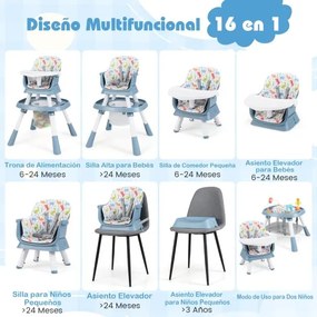 Cadeira alta Refeição conversível para bebés 16 em 1 com bandeja removível e arnês de 5 pontos Assento elevatório Mesa para blocos de construção Azul