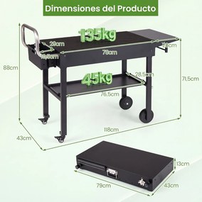 Carrinho Auxiliar para Churrasco com Rodas, 118 x 43 x 88 cm, Dobrável, Preto