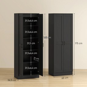 Armário de Arrumação de 2 Portas, 60 x 36,5 x 175 cm, 5 Prateleiras, Preto