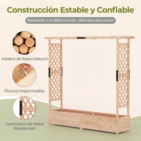 Floreira elevada 196 x 44 x 182 cm em madeira de abeto com treliça, 2 painéis, teto plano, 2 vasos e sistema de drenagem, para jardim, terraço ou páti