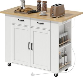 Carrinho de cozinha com Rodas, Ilha de cozinha 120 x 71 x 89 cm com estação de carregamento, e bancada rebatível, 2 gavetas, branco