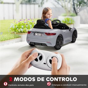 Carro Elétrico para Crianças Maserati Gran Turismo Folgore 12V Controlo Remoto Faróis Buzina e Música MP3 98x59x43 cm Cinza