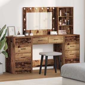 vidaXL Conjunto de Mesa de Penteado de 3 Peças com LED Madeira Velha Madeira engenheirada