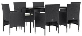7 pcs conjunto de jantar para jardim com almofadões preto