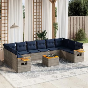 11 pcs conjunto sofás de jardim c/ almofadões vime PE cinzento