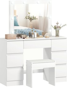 Conjunto de Toucador com Espelho e Banco, 110 x 39,5 x 140 cm, Espelho LED Ajustável, Branco