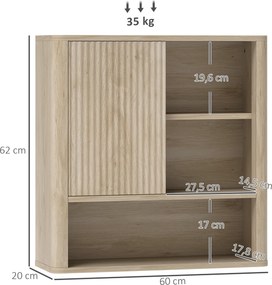 Armário de Casa de Banho de Parede com Prateleiras Ajustáveis Porta Deslizante e Compartimentos  60x20x62 cm Madeira
