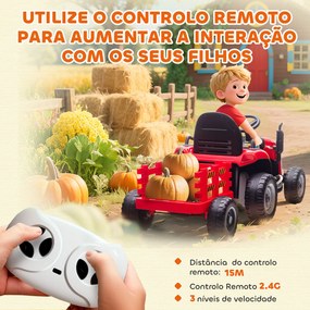 Trator Elétrico para Crianças com Reboque Desmontável Bateria 12V Velocidade 3-5 km/h Controle Remoto 2,4G 139x58x55 cm Vermelho