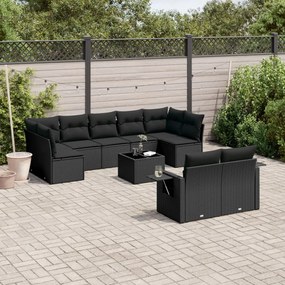 10 pcs conjunto sofás de jardim c/ almofadões vime PE preto