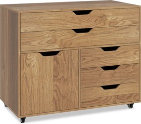 Armário de armazenamento para escritório 77,5 x 40 x 64 cm com 5 gavetas com porta 5 rodas com rodas suporte para impressora natural