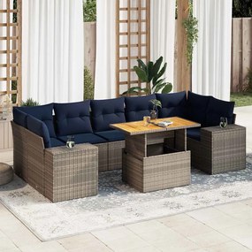 8 pcs conjunto sofás de jardim c/ almofadões vime PE cinzento