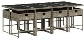 9 pcs conjunto de jantar p/ jardim c/ almofadões vime PE cinza