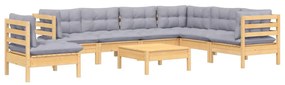 8 pcs conjunto lounge de jardim + almofadões cinza pinho maciço