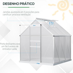 Outsunny Estufa de Jardim de Policarbonato e Alumínio Estufa de Exterior com Porta Corredeira e 2 Clarobóias para Cultivo de Plantas Sementes 190x190x200cm Transparente
