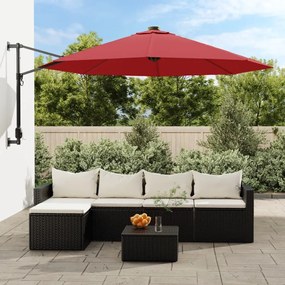 vidaXL Guarda-sol de parede com luzes LED 290 cm vermelho brilhante