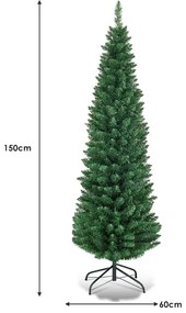 Árvore de Natal artificial de 150 cm fina com 220 pontas de ramos em PVC Suporte metálico Fácil de montar Verde