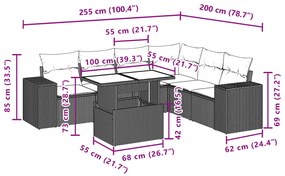 7 pcs conjunto de sofás jardim c/ almofadões vime PE castanho