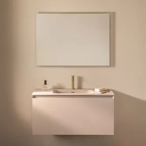 Conjunto De Móvel De Casa De Banho Suspenso Em Madeira Com Lavatório Integrado Macrae Crema Linho & Led Retangular E Anti-embaciamento 100x70 Cm Riben