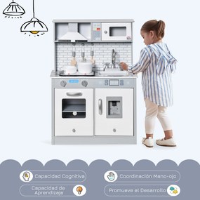 HOMCOM Cozinha Infantil de Madeira para Crianças acima de 3 Anos Cozinha de Madeira Infantil com Luz Sons Acessórios Utensílios Exaustor Lavatório e Microondas 60x29x84cm Cinza