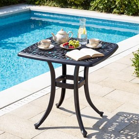 Mesa Jardim em alumínio fundido quadrada 54 x 54 x 53 cm, resistente a todas as condições meteorológicas, com orifício para guarda-sol; resistente à o