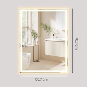 Espelho de casa de banho 70,7 x 50,7 cm, espelho de parede com iluminação, retangular branco