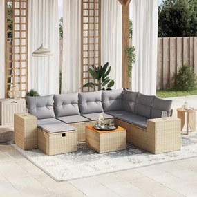 8 pcs conj. sofás jardim c/ almofadões vime PE bege misturado
